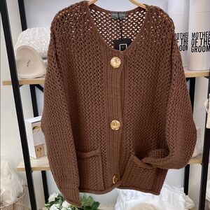 Textured V-Neck Button Cardigan - Brown